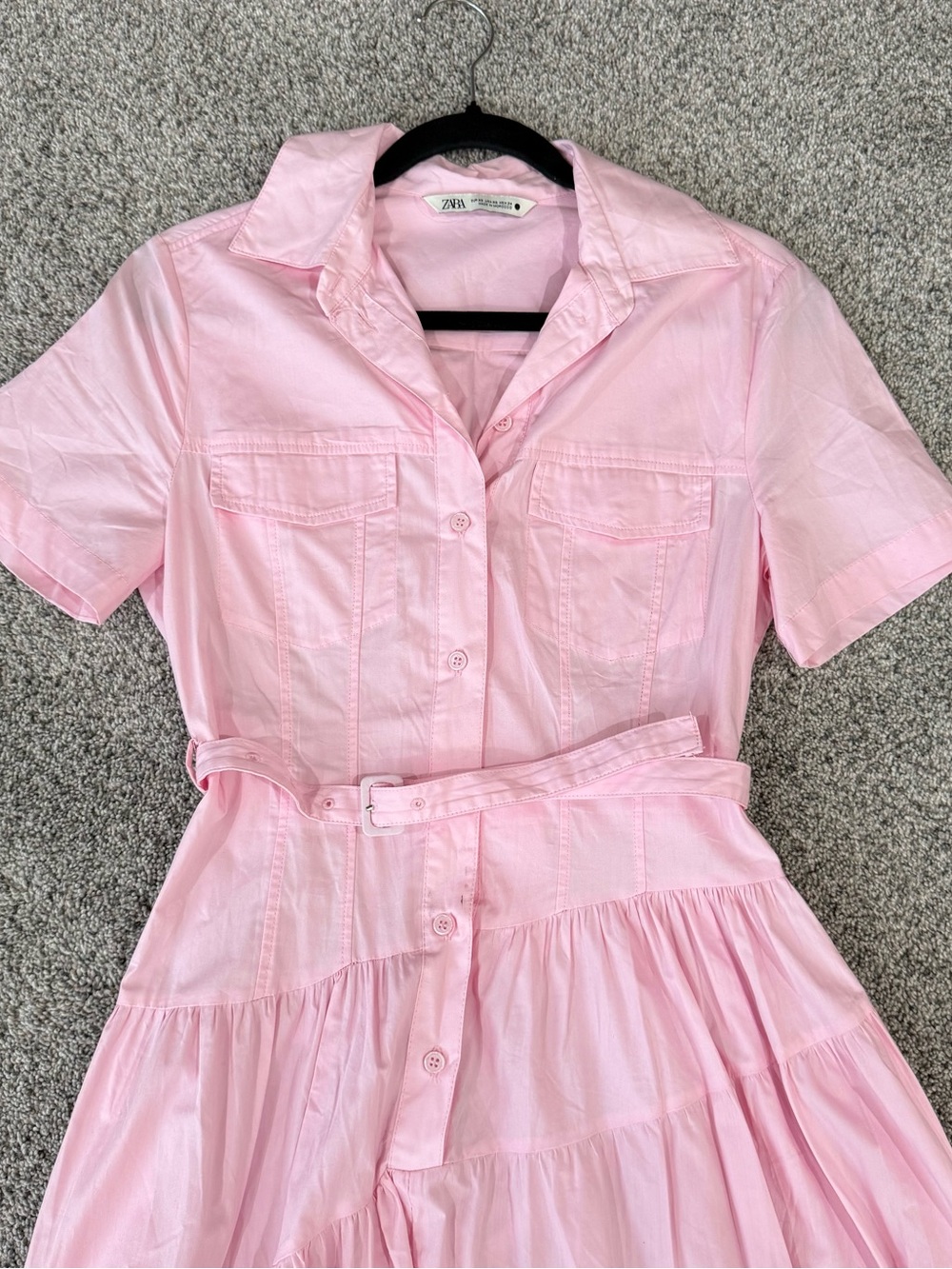 Zara Baby Pink 100% Cotton Collared Belted Shirt Dress Maxi Resort Women’s XS - Picture 4 of 15